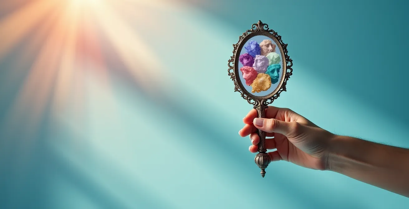 Main tenant un miroir reflétant différents profils d'étudiants en médecine