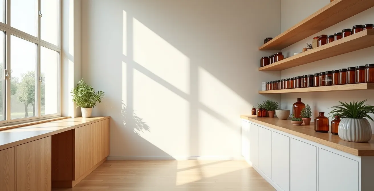 Environnement épuré d'une herboristerie moderne avec espace négatif