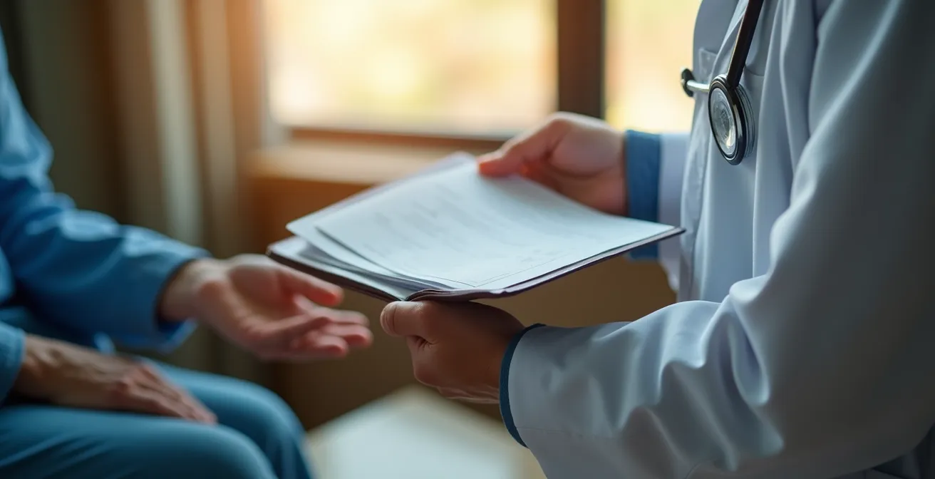 Consultation médicale transparente avec présentation de dossier patient et radiographies