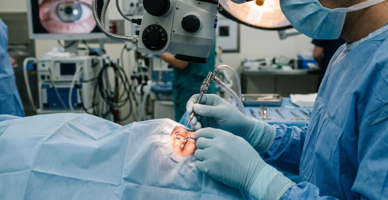 Un chirurgien porte un anneau de laser sur l'œil d'un patient au bloc opératoire.