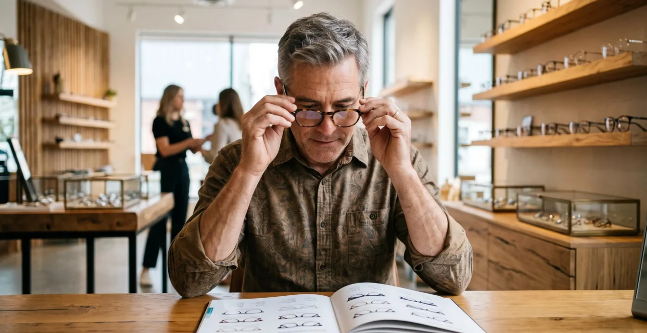 Un homme d'âge mûr essaie des lunettes de lecture dans un magasin d'optique.