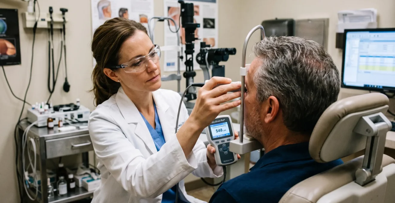 Un ophtalmologiste mesure l'épaisseur de la cornée d'un patient en consultation.