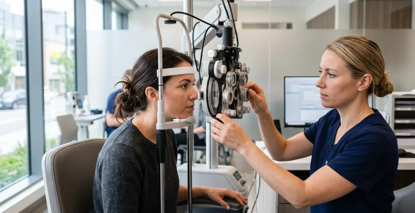 Une patiente passe un examen de la vue sur un appareil d'ophtalmologie, accompagnée d'une technicienne.