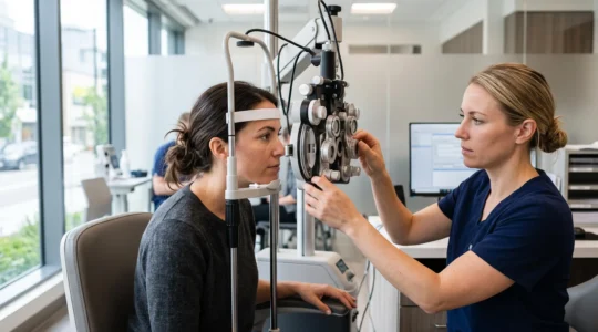 Une patiente passe un examen de la vue sur un appareil d'ophtalmologie, accompagnée d'une technicienne.